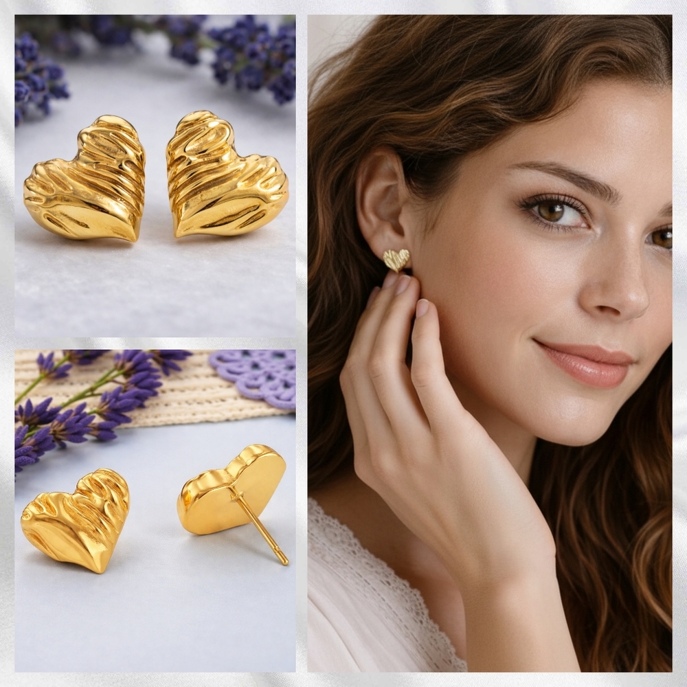 Minimalist Textured Heart Stud Earrings 18k Gold Plated Stainless Steel 25$